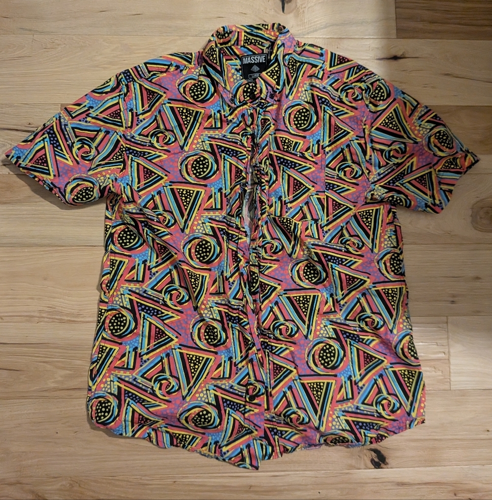 Men's Massive 90's Geometric All Over Print Button Down Shirt L